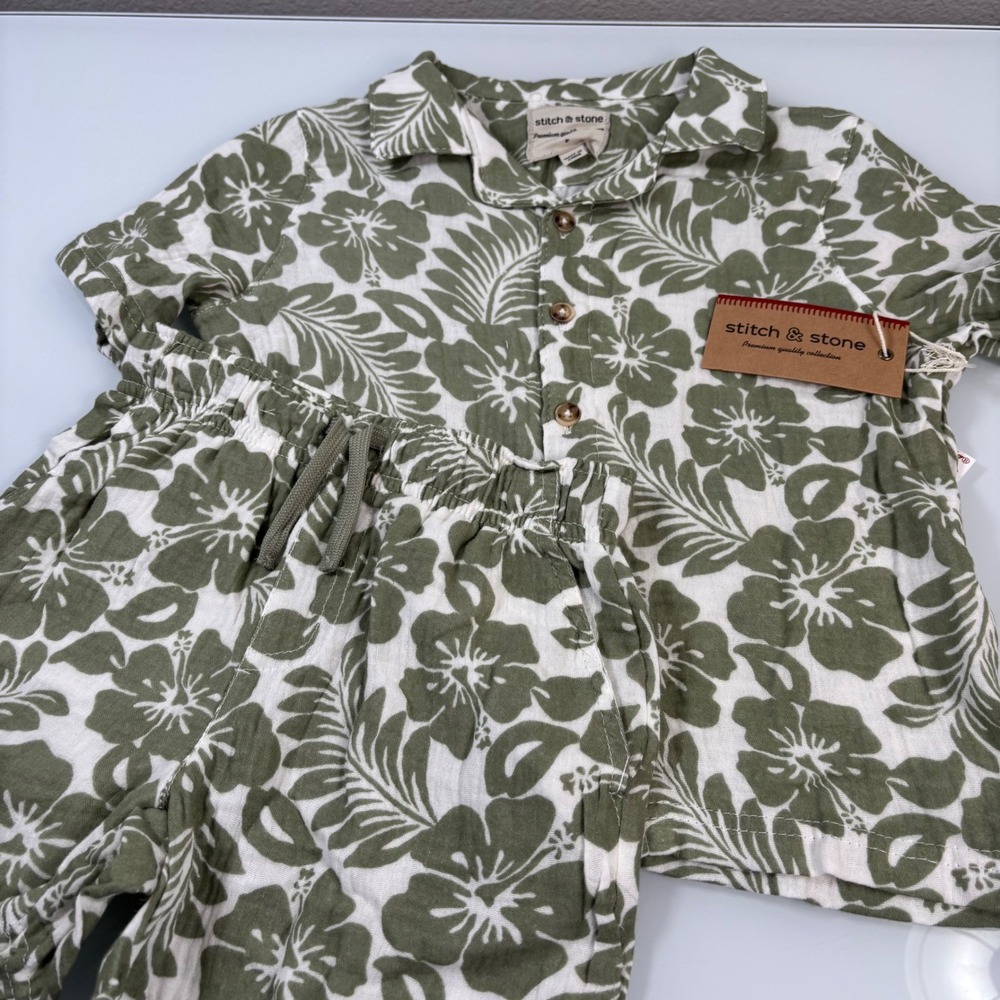 Stitch & Stone Kids Size 5 Green Hibiscus Floral Shirt Shorts Set NEW Gauze